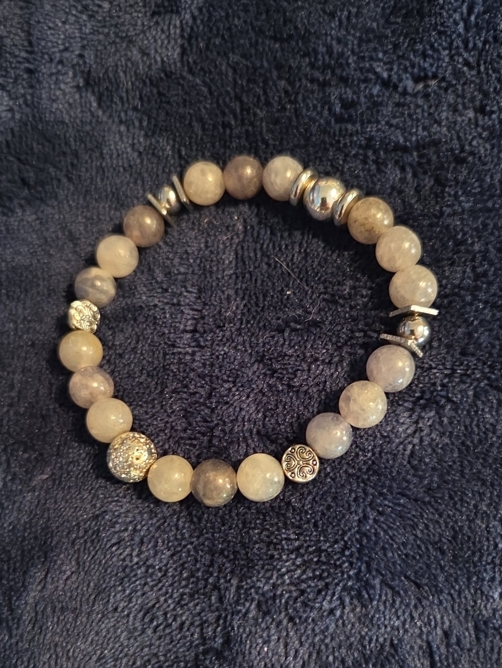 Beaded Gray Gemstone Stretch Bracelet with Silver Accents